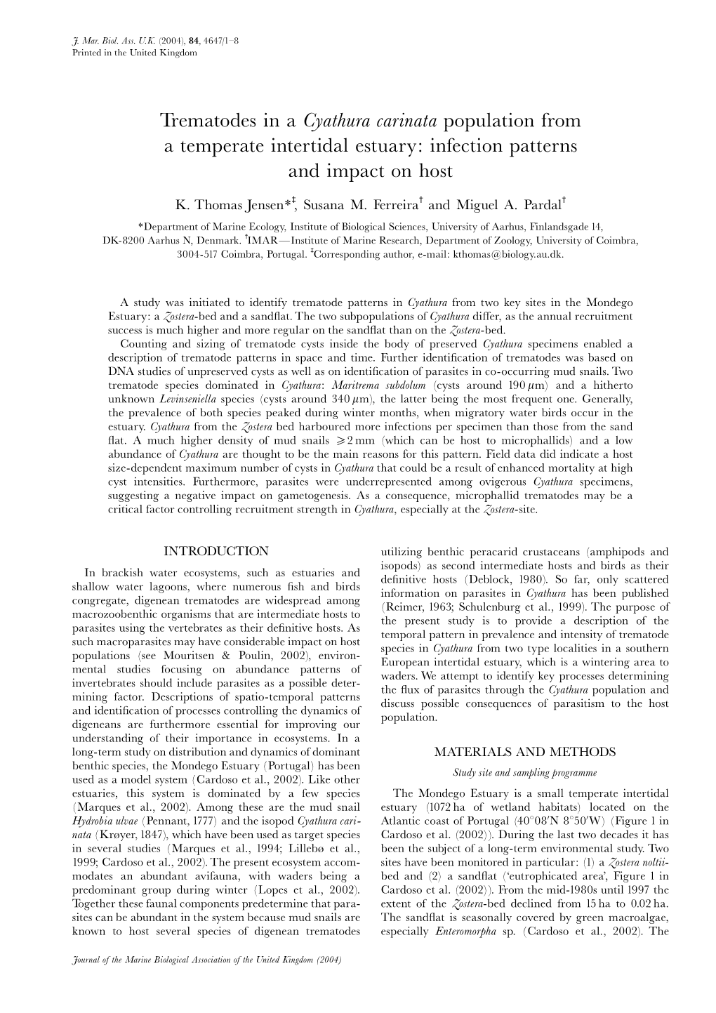 Trematodes in a Cyathura Carinata Population from a Temperate Intertidal Estuary: Infection Patterns and Impact on Host