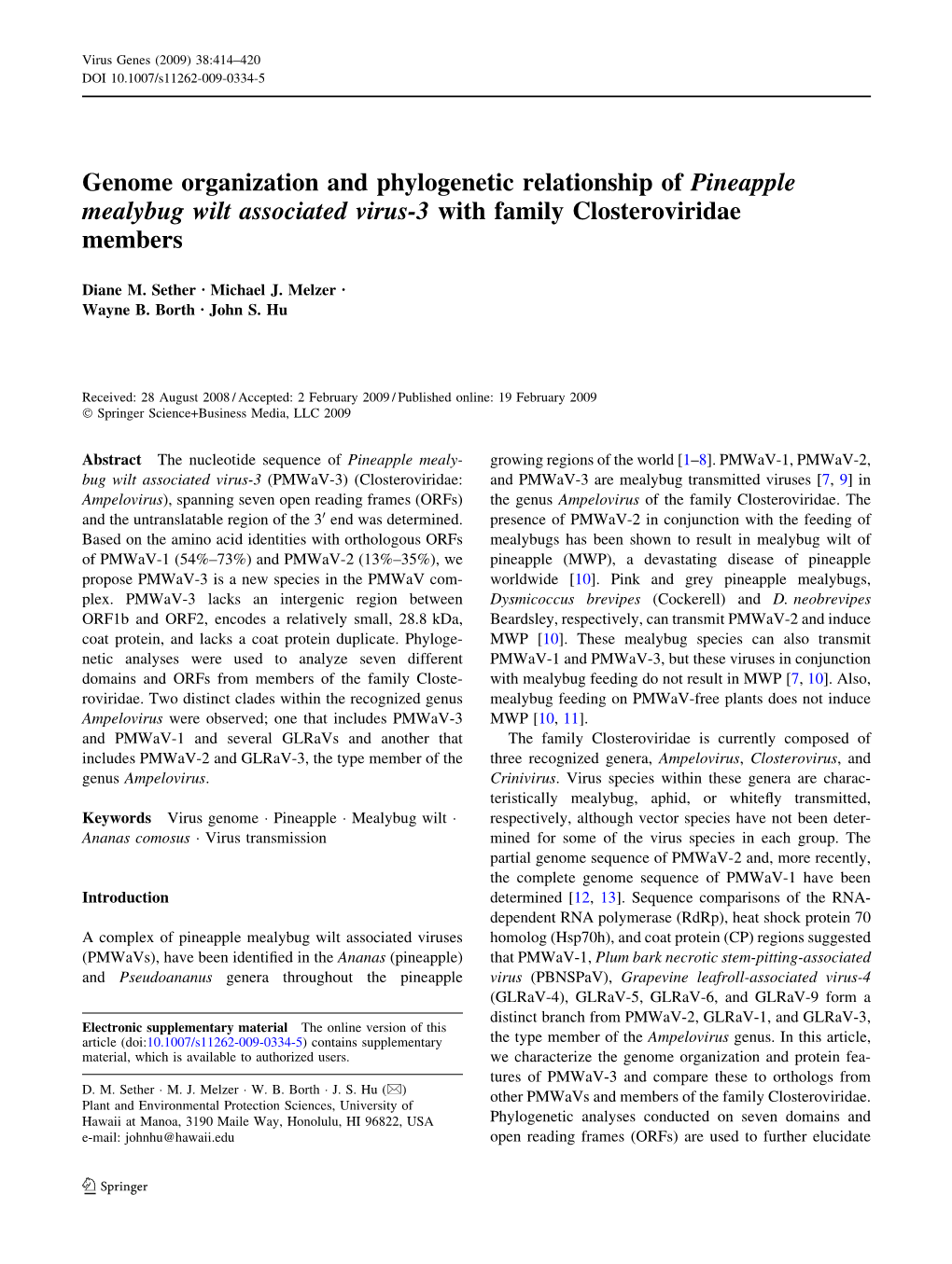 Genome Organization and Phylogenetic Relationship of Pineapple Mealybug Wilt Associated Virus-3 with Family Closteroviridae Members