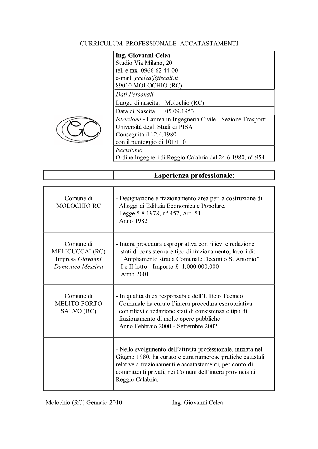 CURRICULUM PROFESSIONALE ACCATASTAMENTI Ing