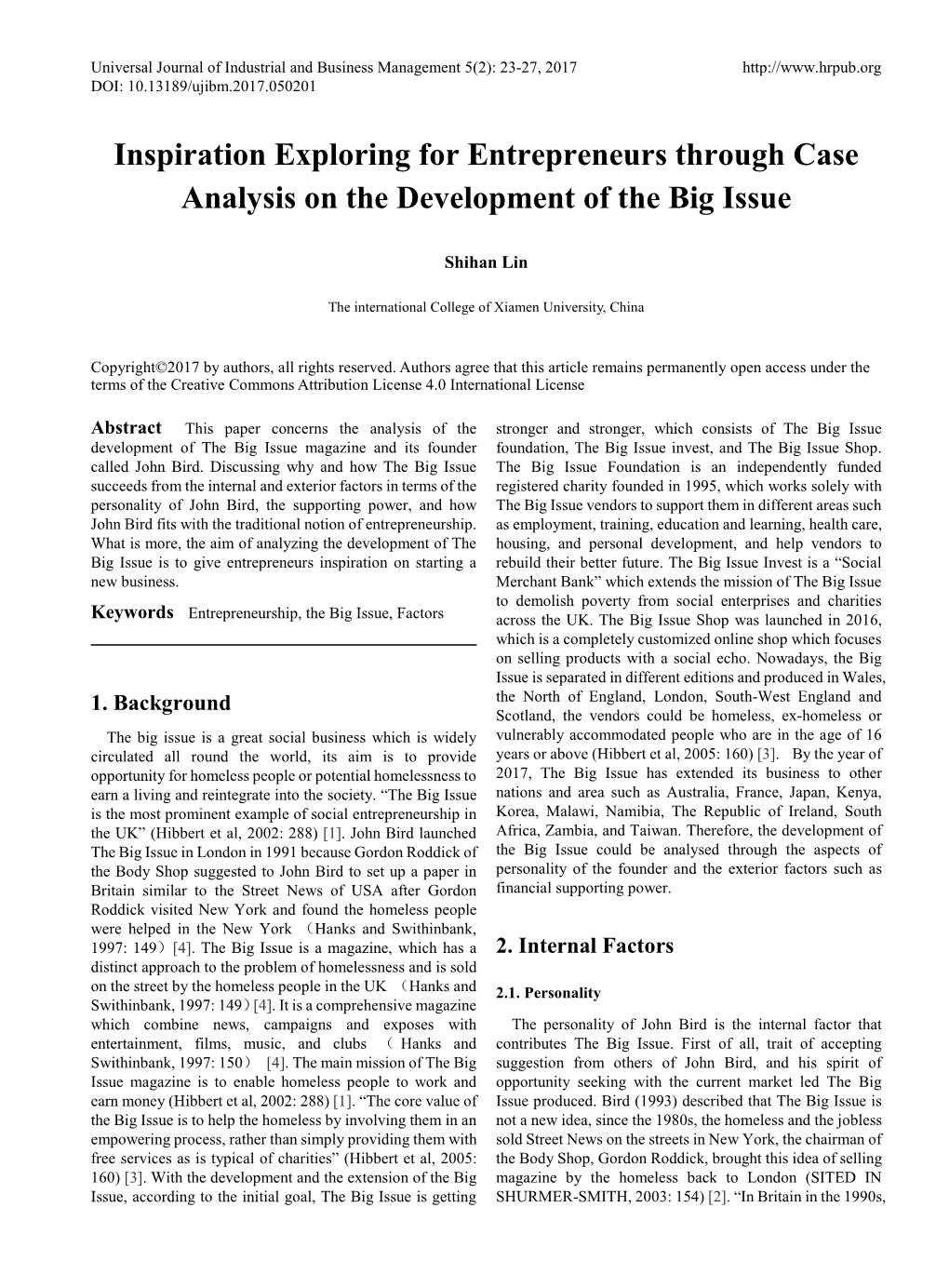 Inspiration Exploring for Entrepreneurs Through Case Analysis on the Development of the Big Issue