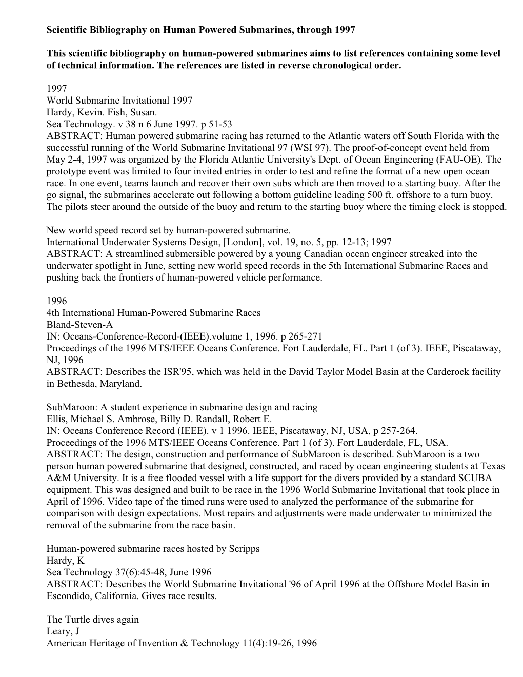 Scientific Bibliography on Human Powered Submarines, Through 1997