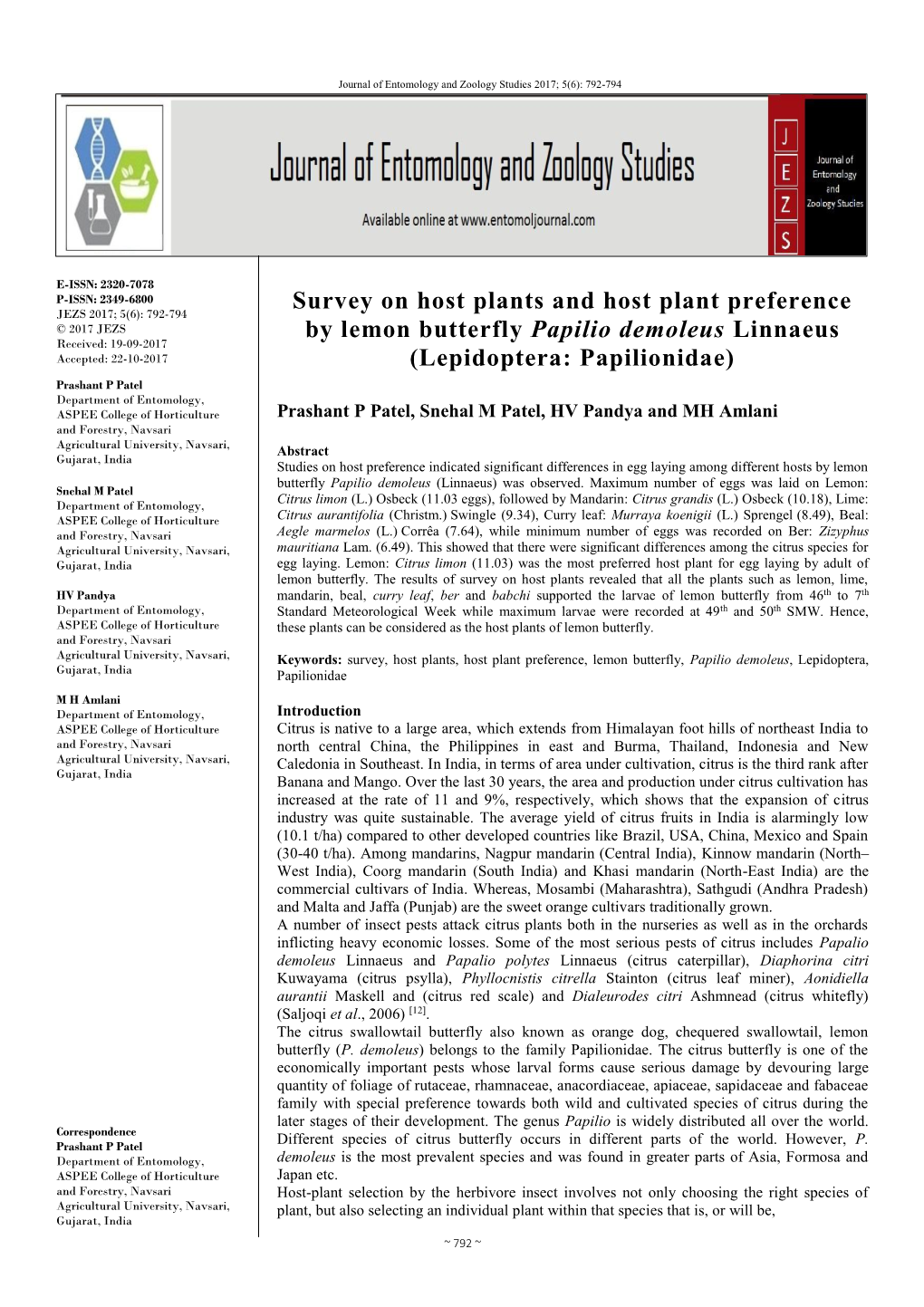 Survey on Host Plants and Host Plant Preference by Lemon Butterfly