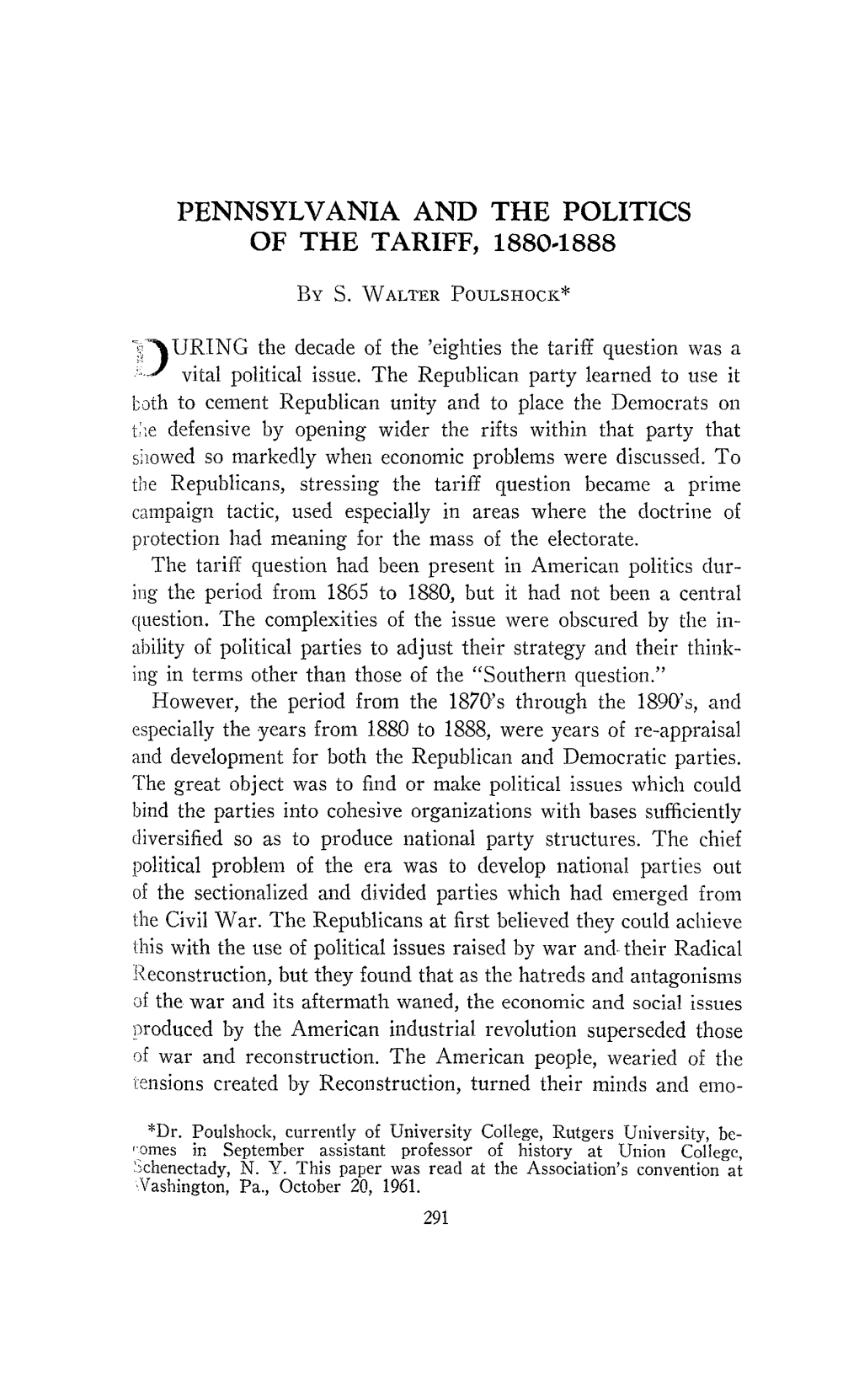 Pennsylvania and the Politics of the Tariff, 1880-1888