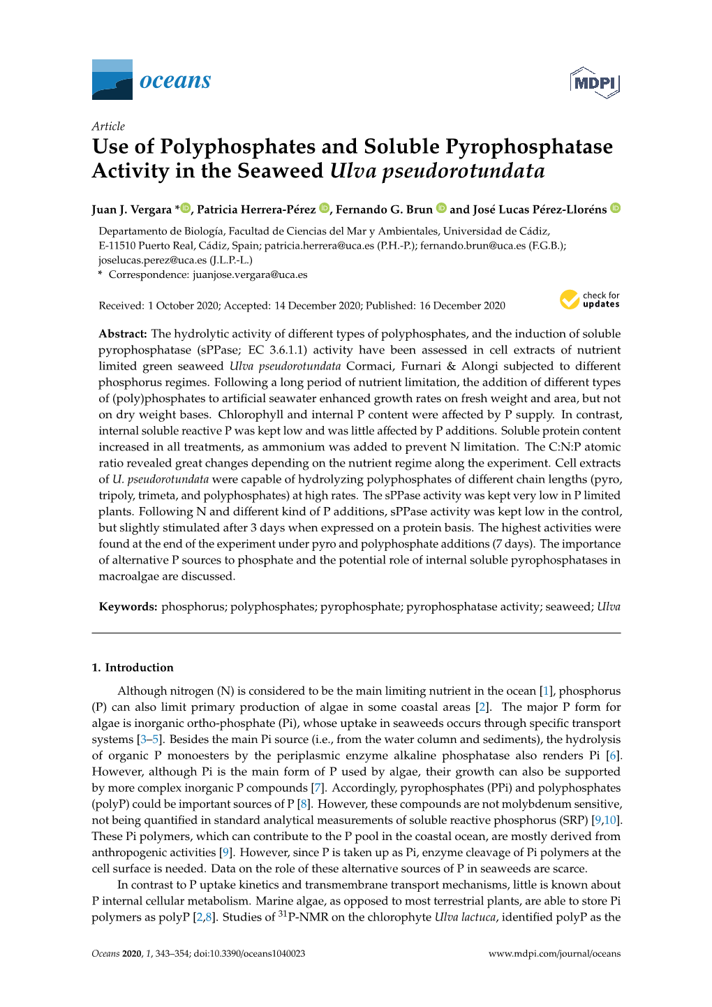 Use of Polyphosphates and Soluble Pyrophosphatase Activity in the Seaweed Ulva Pseudorotundata