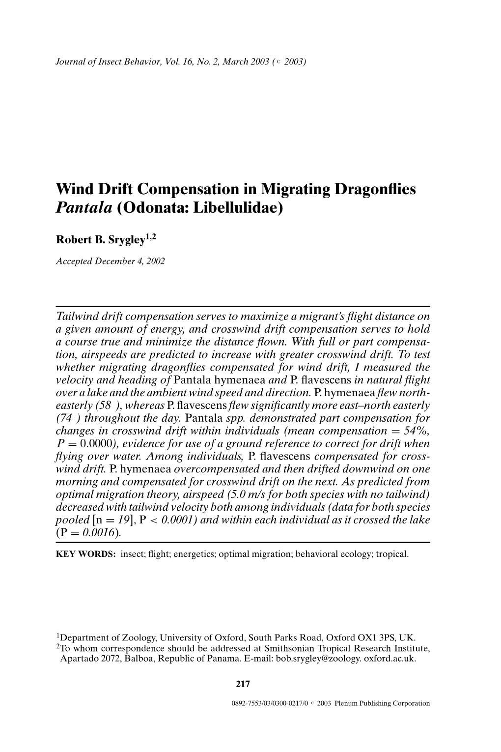 Wind Drift Compensation in Migrating Dragonflies Pantala (Odonata