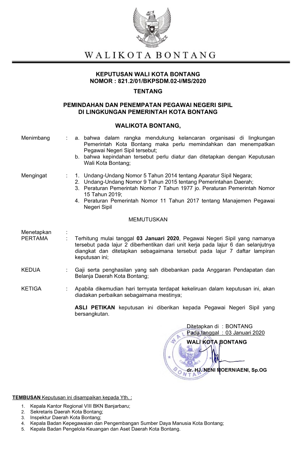 Keputusan Wali Kota Bontang Nomor : 821.2/01/Bkpsdm.02-I/Ms/2020 Tentang