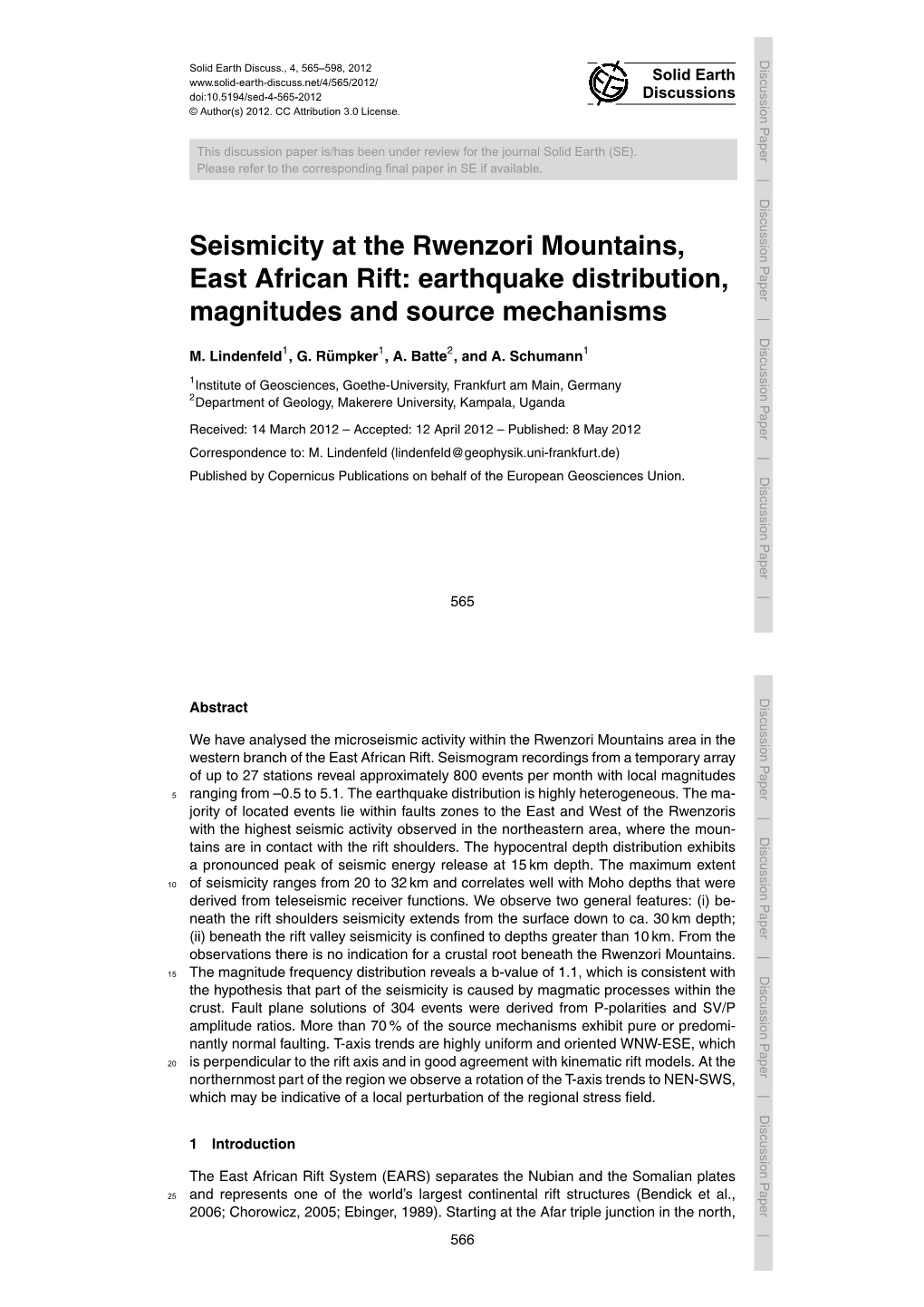 Seismicity at the Rwenzori Mountains, East African Rift: Earthquake Distribution, Magnitudes and Source Mechanisms M