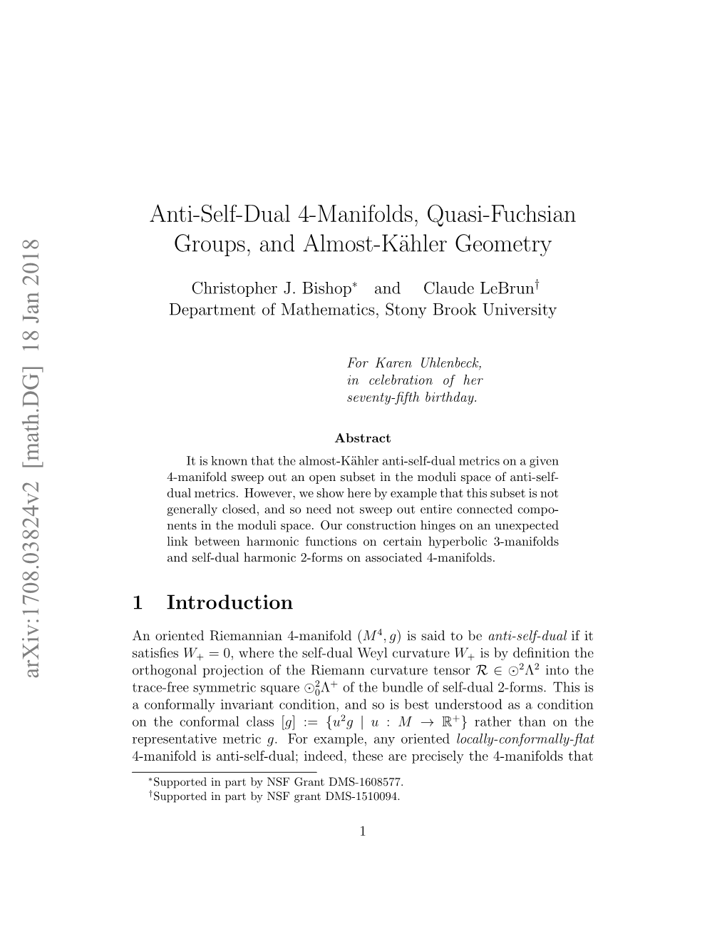 Anti-Self-Dual 4-Manifolds, Quasi-Fuchsian Groups, and Almost-K¨Ahlergeometry