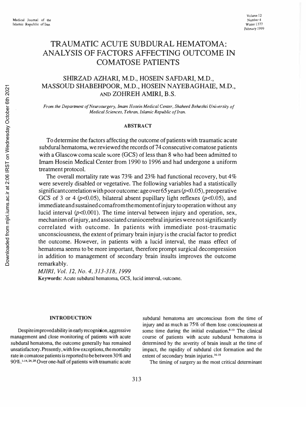 Tra Umatic Acute Subdural Hematoma: Analysis of Factors Afecting Outcome