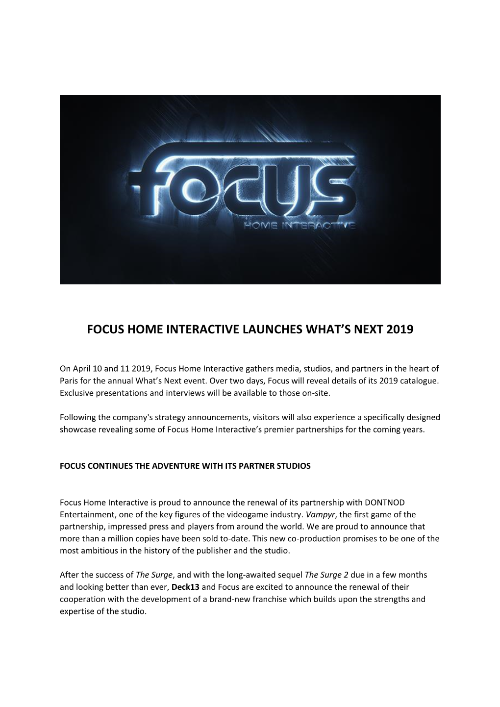 Focus Home Interactive Launches What's Next 2019