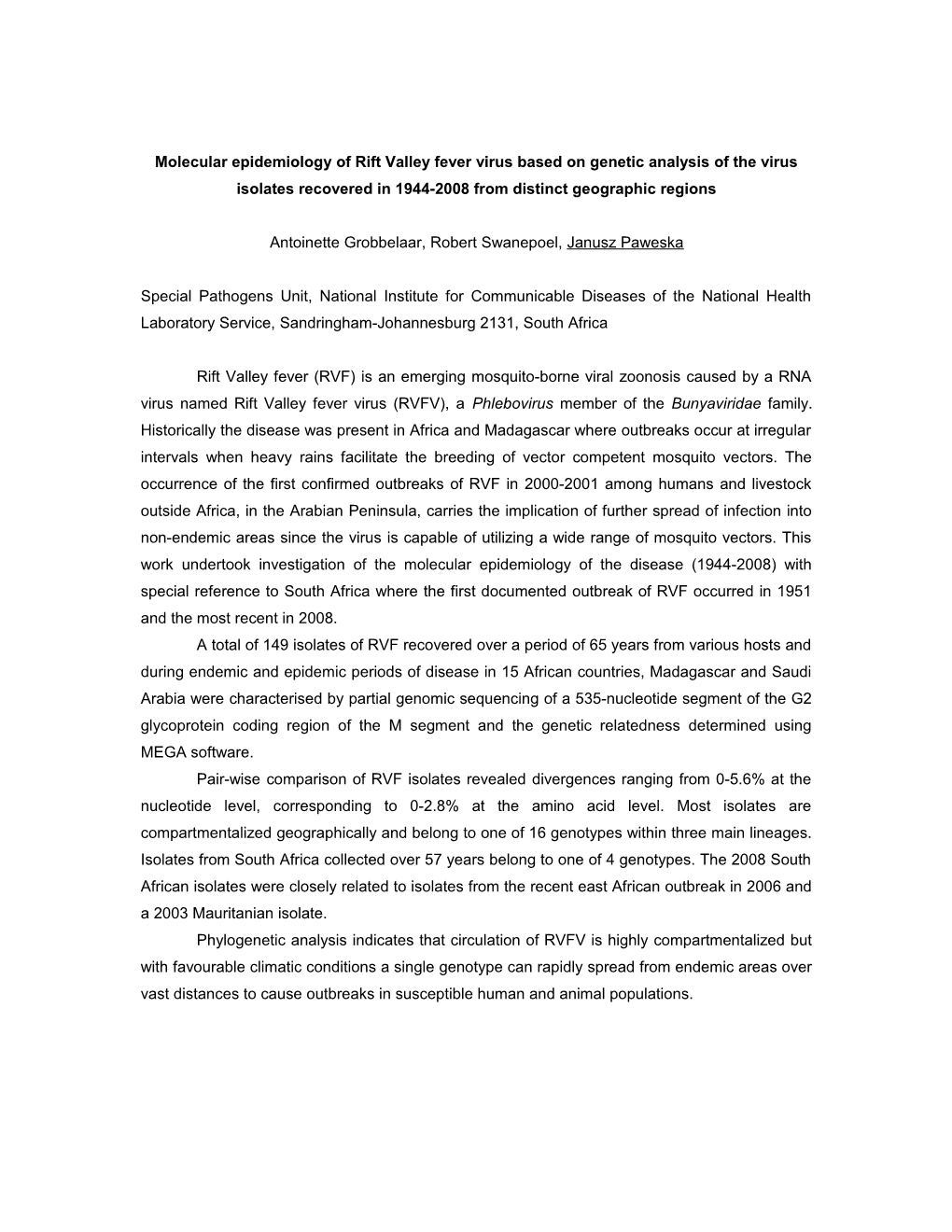 Genetic Analysis of Rift Valley Fever Virus Isolates of Distinct Historic and Geographic Origins