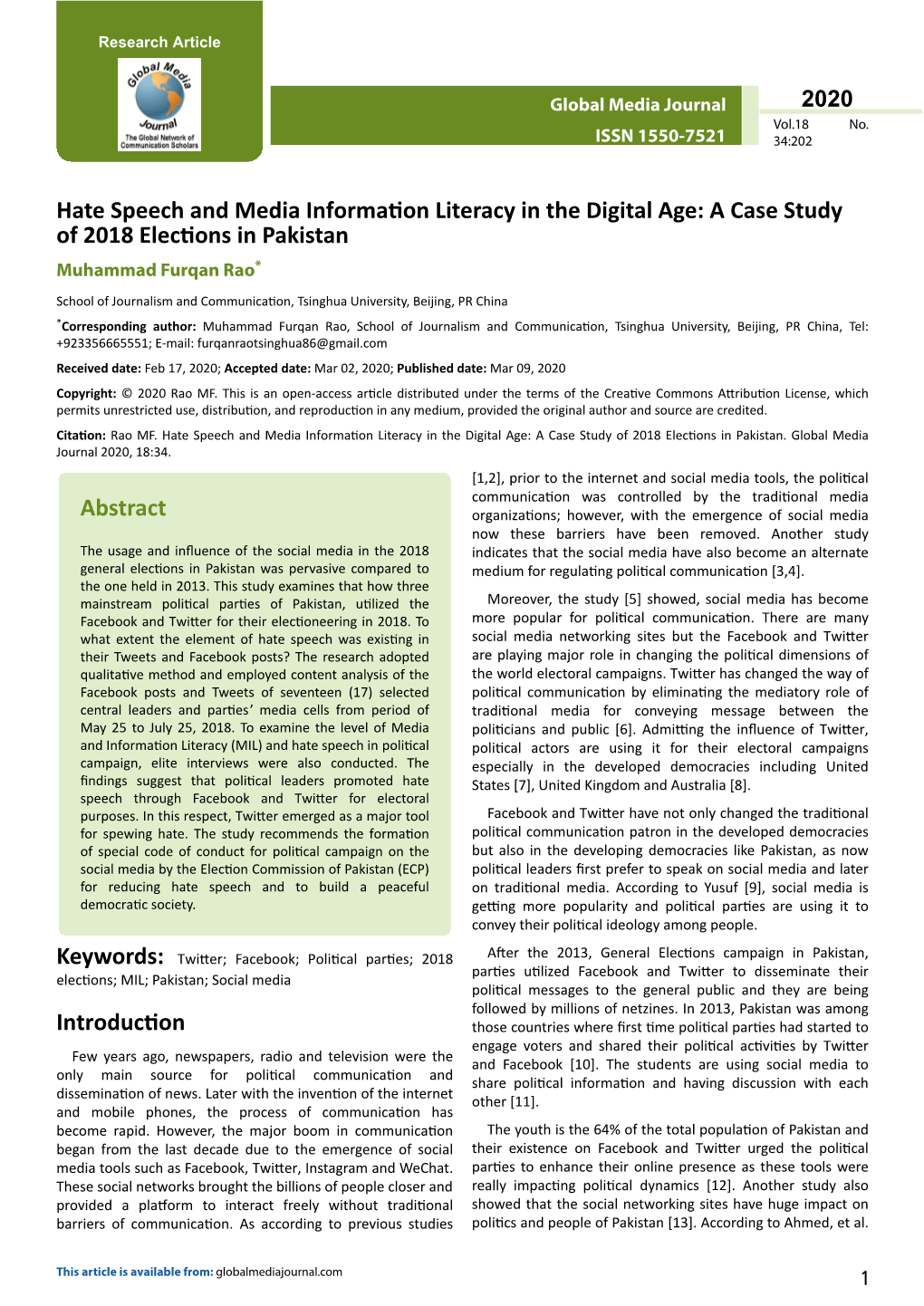 Hate Speech and Media Information Literacy in the Digital Age: a Case Study of 2018 Elections in Pakistan Muhammad Furqan Rao*