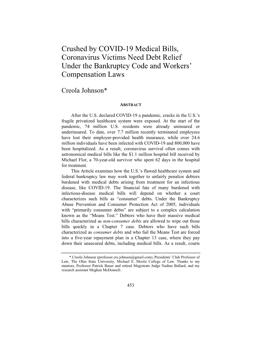 Crushed by COVID-19 Medical Bills, Coronavirus Victims Need Debt Relief Under the Bankruptcy Code and Workers’ Compensation Laws