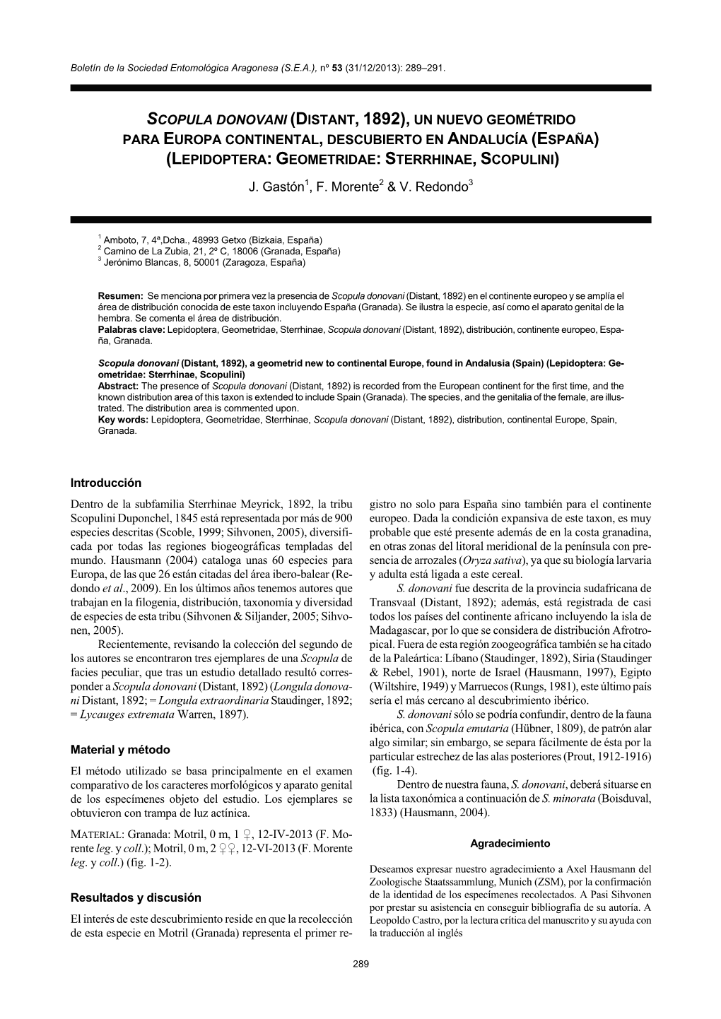 Scopula Donovani (Distant, 1892), Un Nuevo Geométrido Para Europa Continental, Descubierto En Andalucía (España) (Lepidoptera: Geometridae: Sterrhinae, Scopulini)