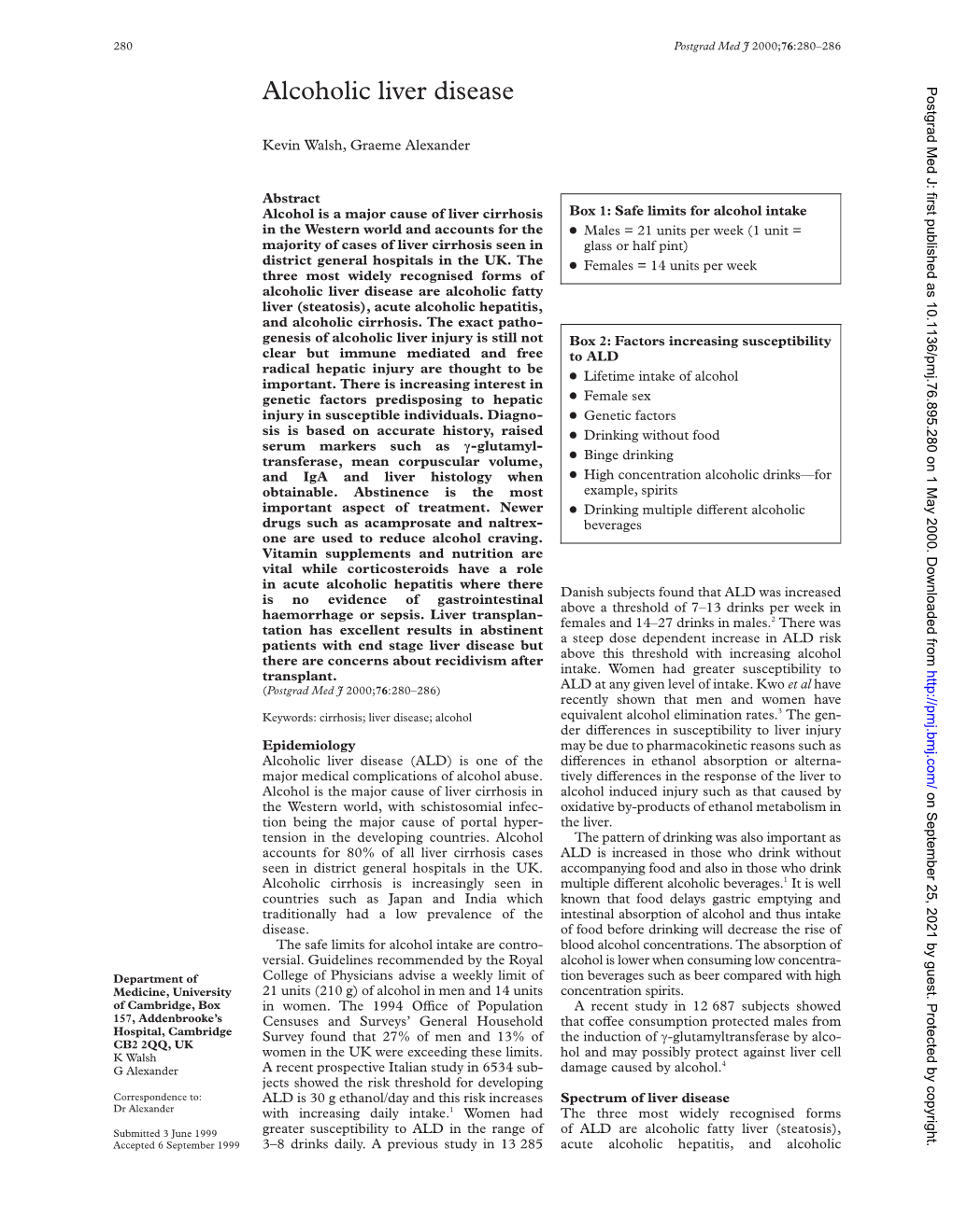 Alcoholic Liver Disease Postgrad Med J: First Published As 10.1136/Pmj.76.895.280 on 1 May 2000