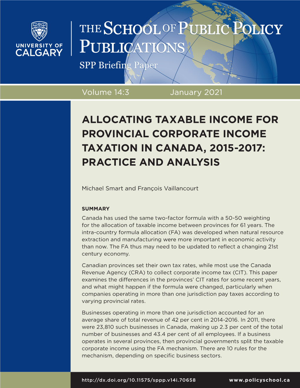 Allocating Taxable Income for Provincial Corporate Income Taxation in Canada, 2015-2017: Practice and Analysis