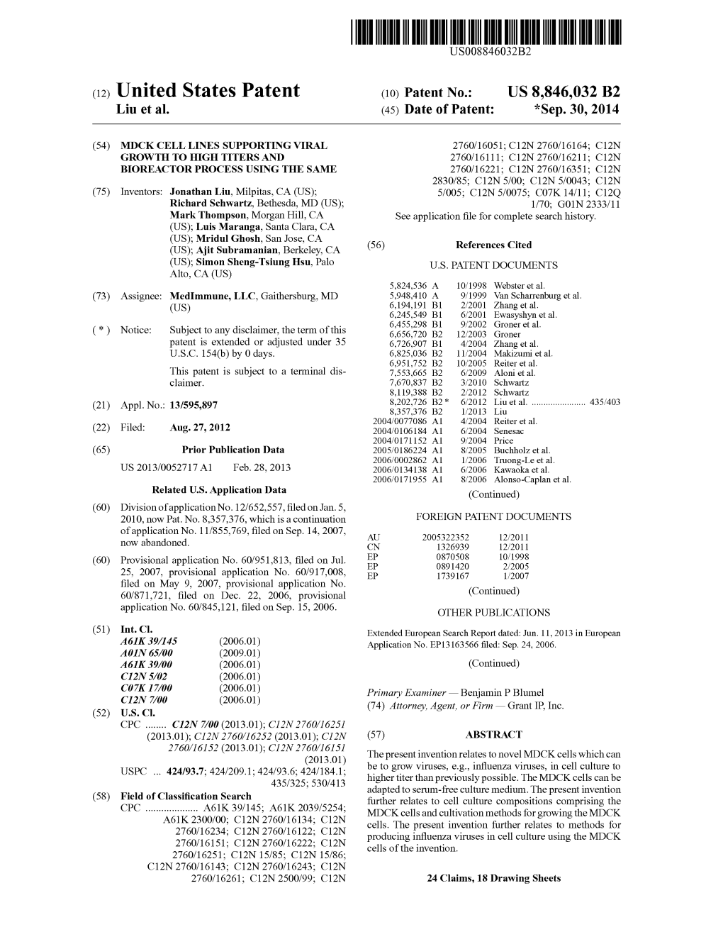 (12) United States Patent (10) Patent No.: US 8,846,032 B2 Liu Et Al