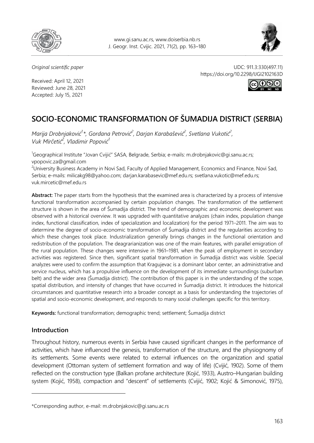 Socio-Еconomic Transformation of Šumadija District (Serbia)