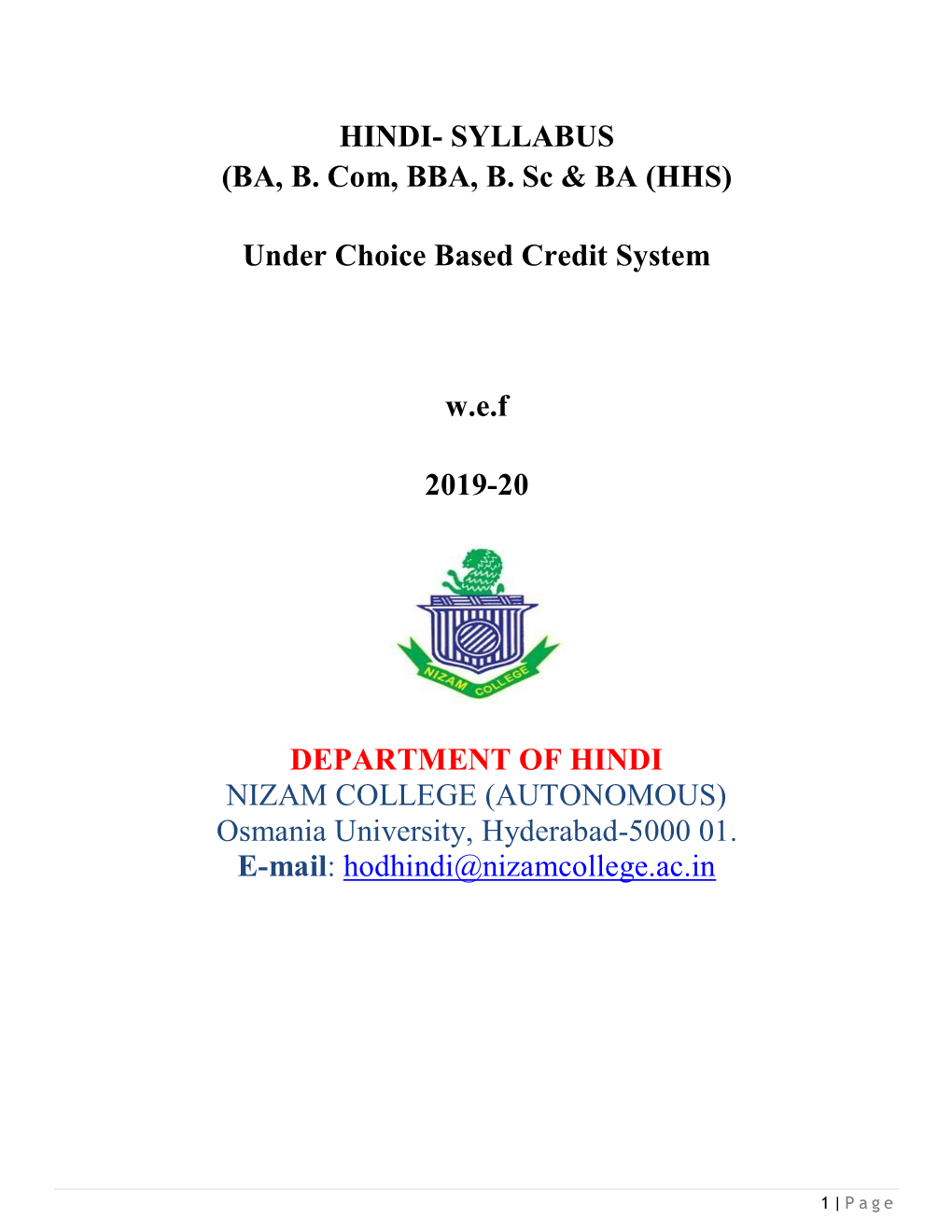 DEPARTMENT of HINDI NIZAM COLLEGE (AUTONOMOUS) Osmania University, Hyderabad-5000 01