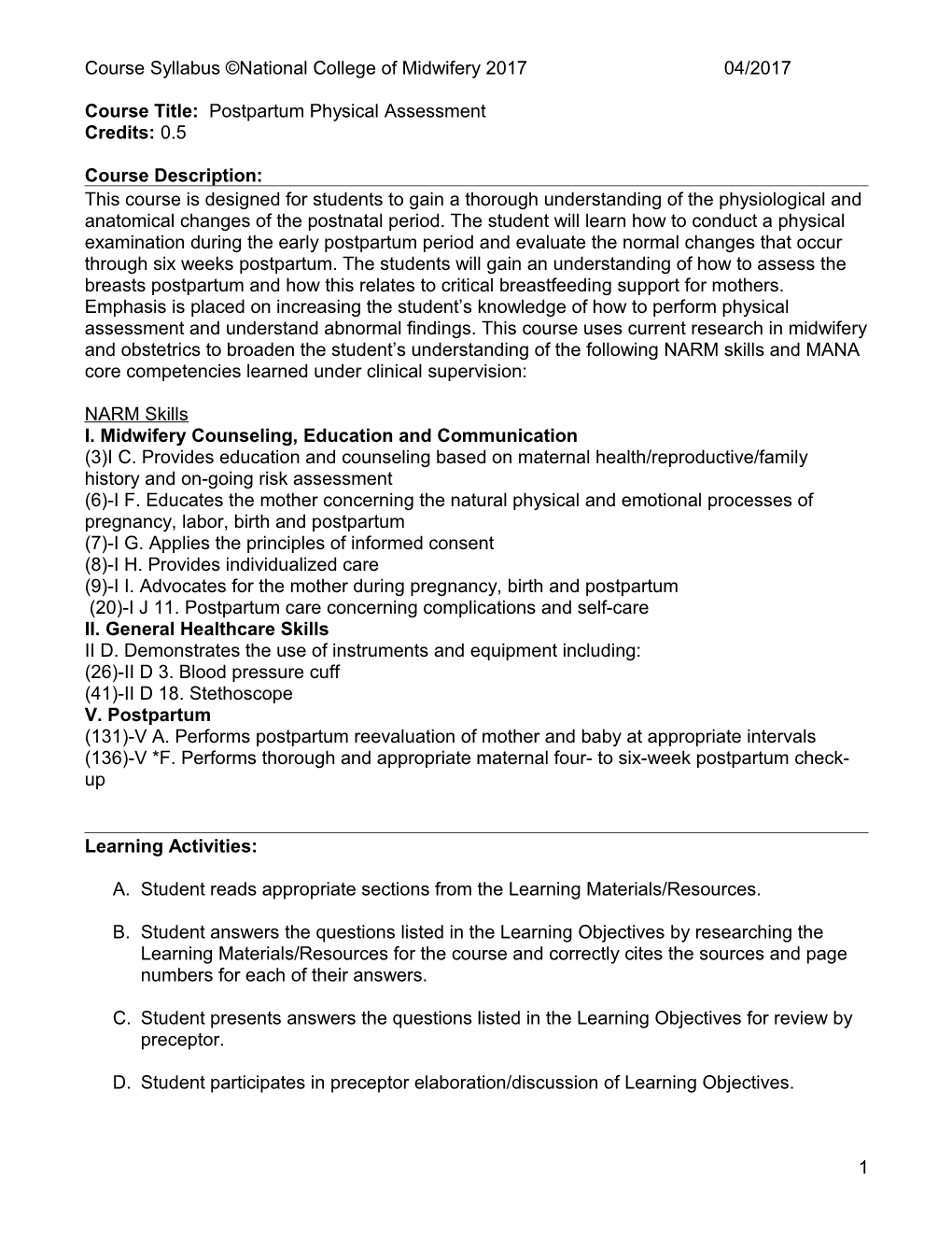 Course Title: Postpartum Physical Assessment