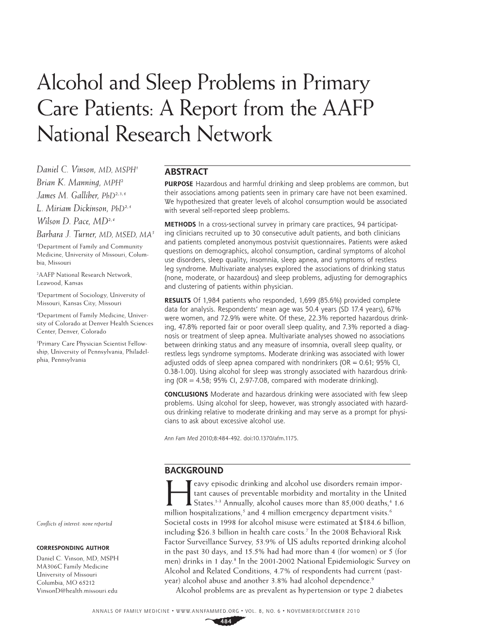 Alcohol and Sleep Problems in Primary Care Patients: a Report from the AAFP National Research Network