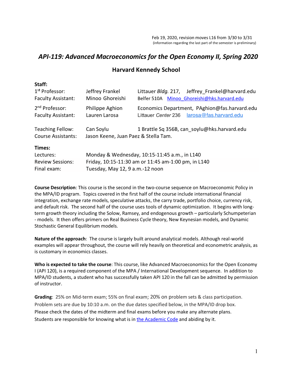 API-119: Advanced Macroeconomics for the Open Economy II, Spring 2020
