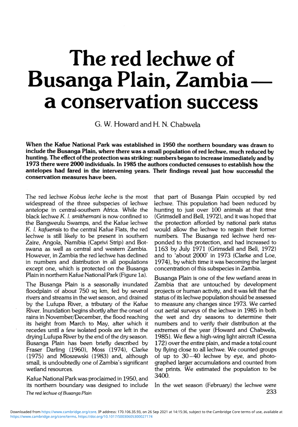 The Red Lechwe of Busanga Plain, Zambia a Conservation Success G