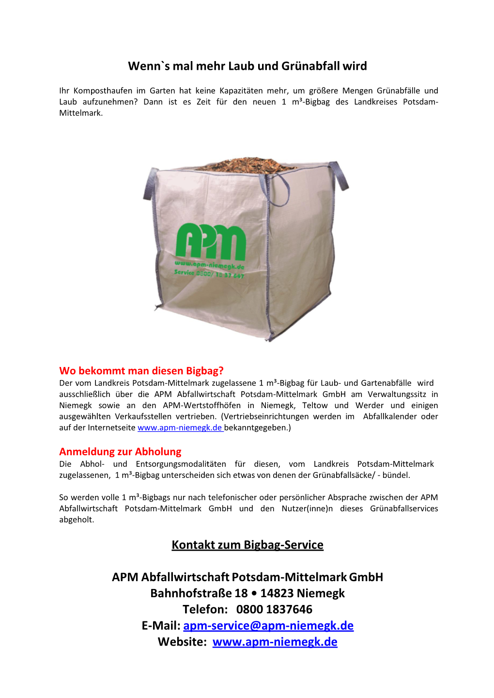 Wenn`S Mal Mehr Laub Und Grünabfall Wird Kontakt Zum Bigbag-Service APM Abfallwirtschaft Potsdam-Mittelmark Gmbh Bahnhofstraße