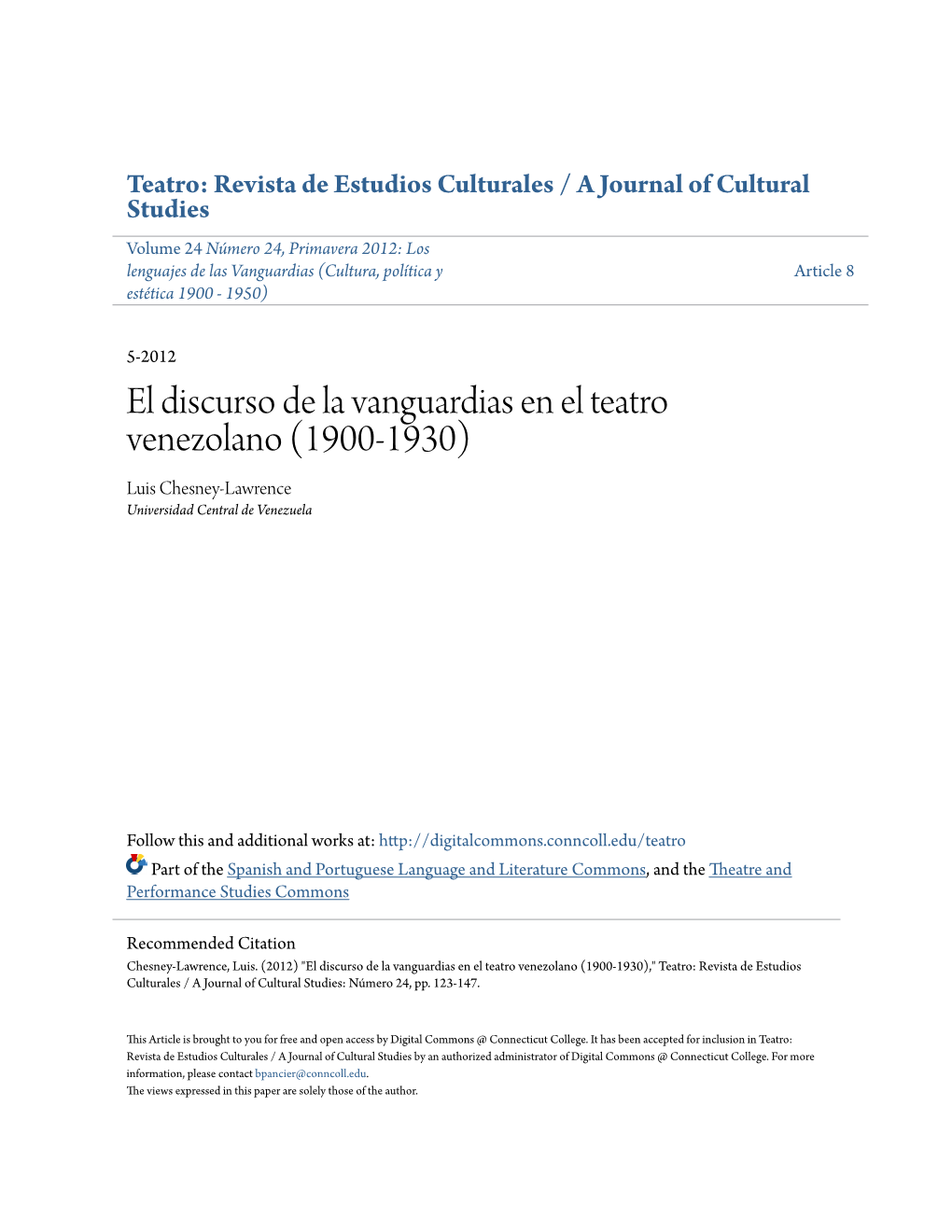 El Discurso De La Vanguardias En El Teatro Venezolano (1900-1930) Luis Chesney-Lawrence Universidad Central De Venezuela
