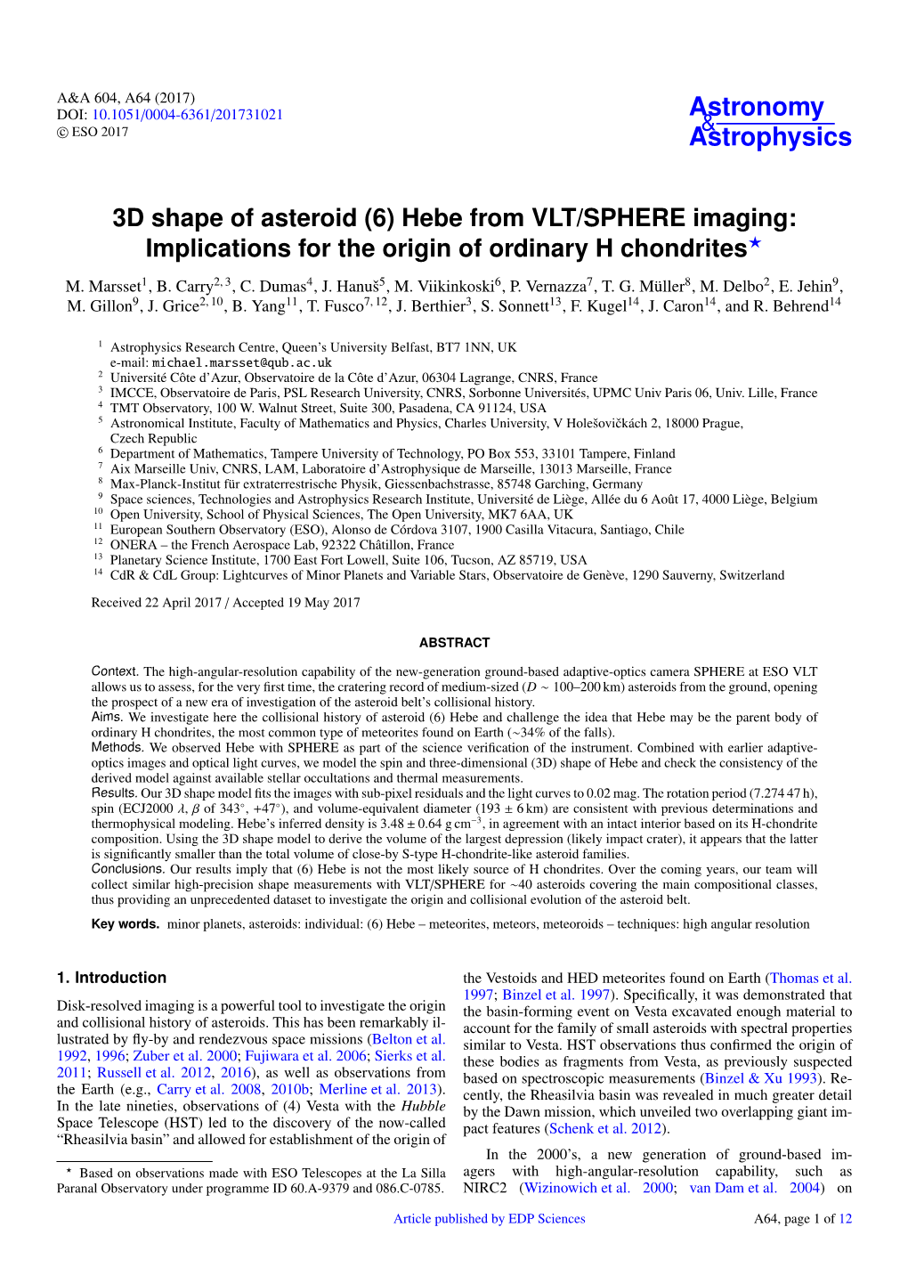 3D Shape of Asteroid (6) Hebe from VLT/SPHERE Imaging: Implications for the Origin of Ordinary H Chondrites?