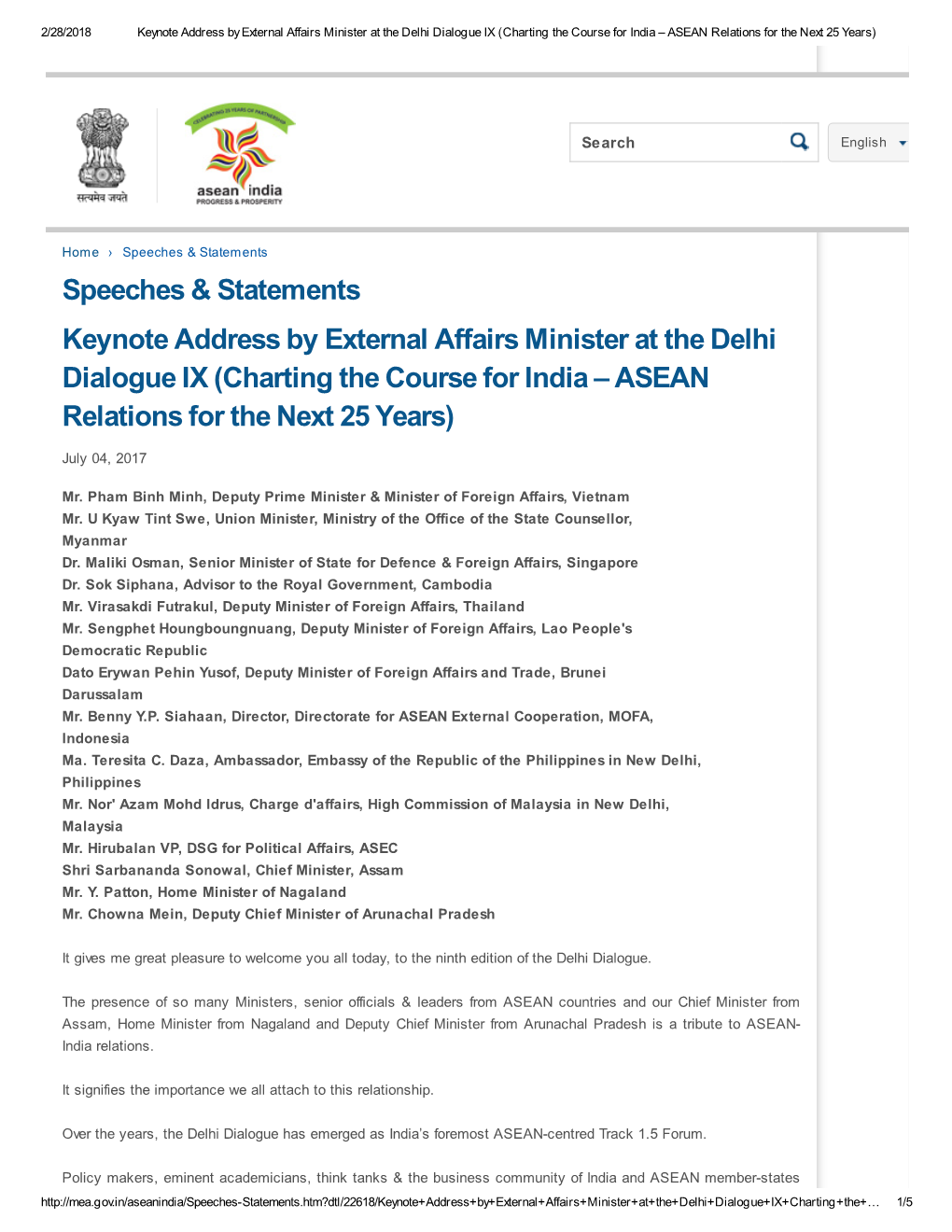 Keynote Address by External Affairs Minister at the Delhi Dialogue IX (Charting the Course for India – ASEAN Relations for the Next 25 Years)