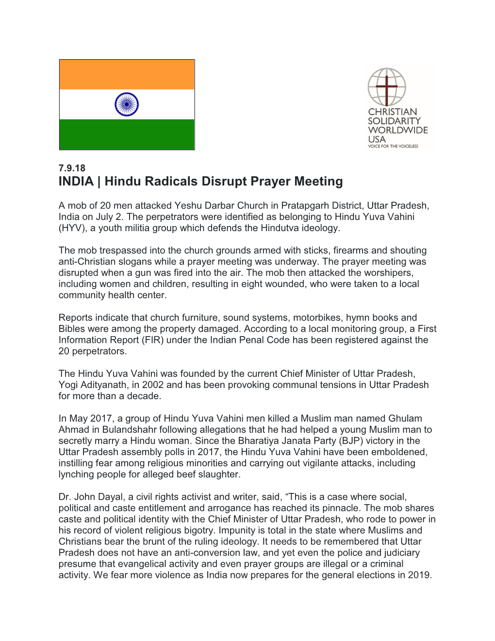 INDIA | Hindu Radicals Disrupt Prayer Meeting