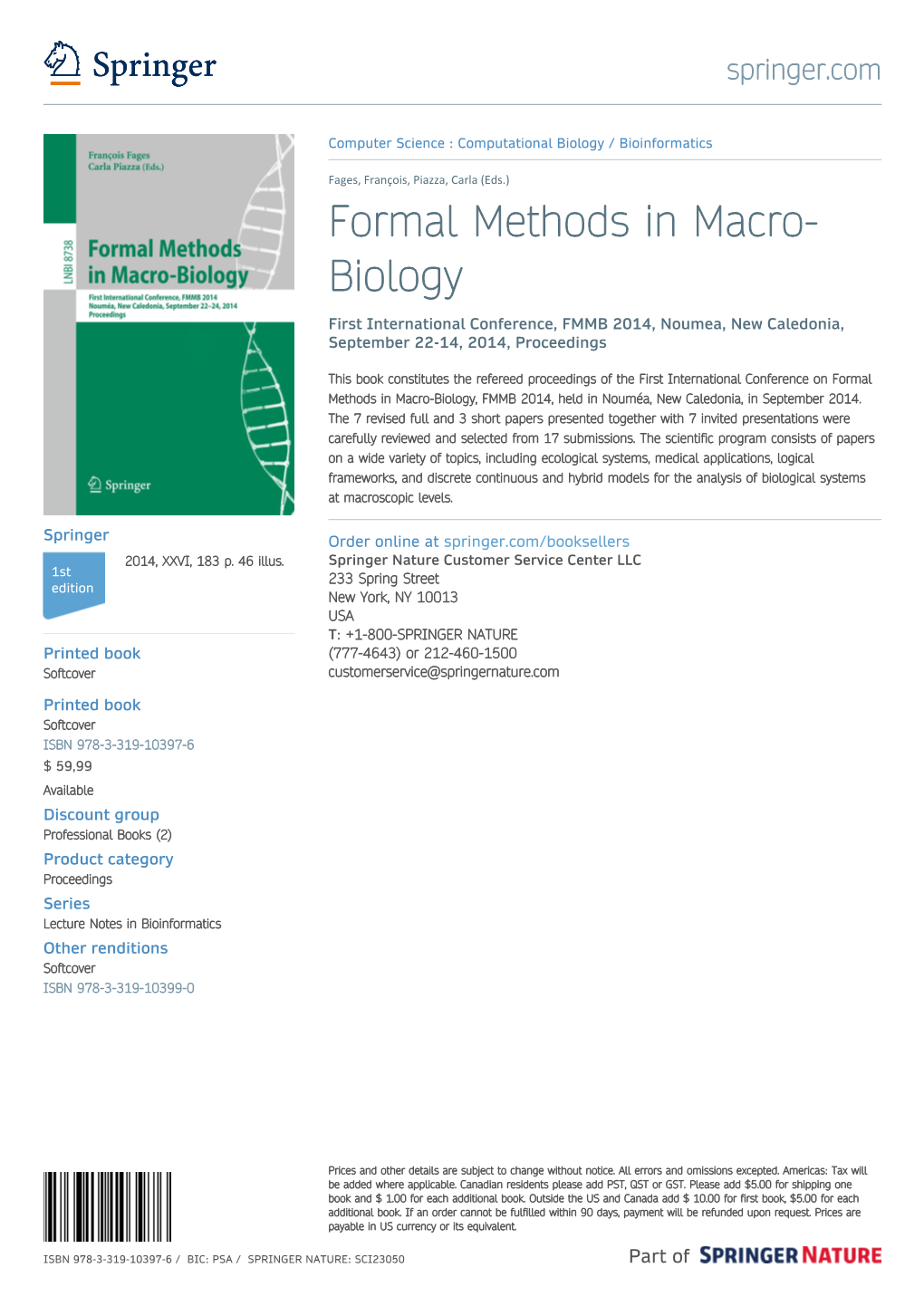 Formal Methods in Macro- Biology First International Conference, FMMB 2014, Noumea, New Caledonia, September 22-14, 2014, Proceedings