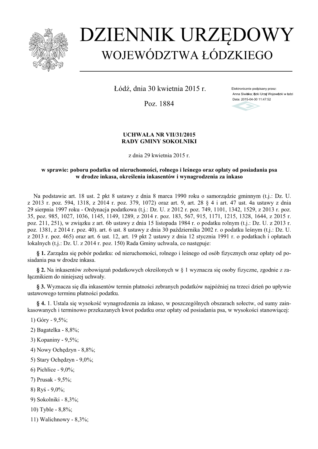 Uchwała Nr VII/31/2015 Z Dnia 29 Kwietnia 2015 R