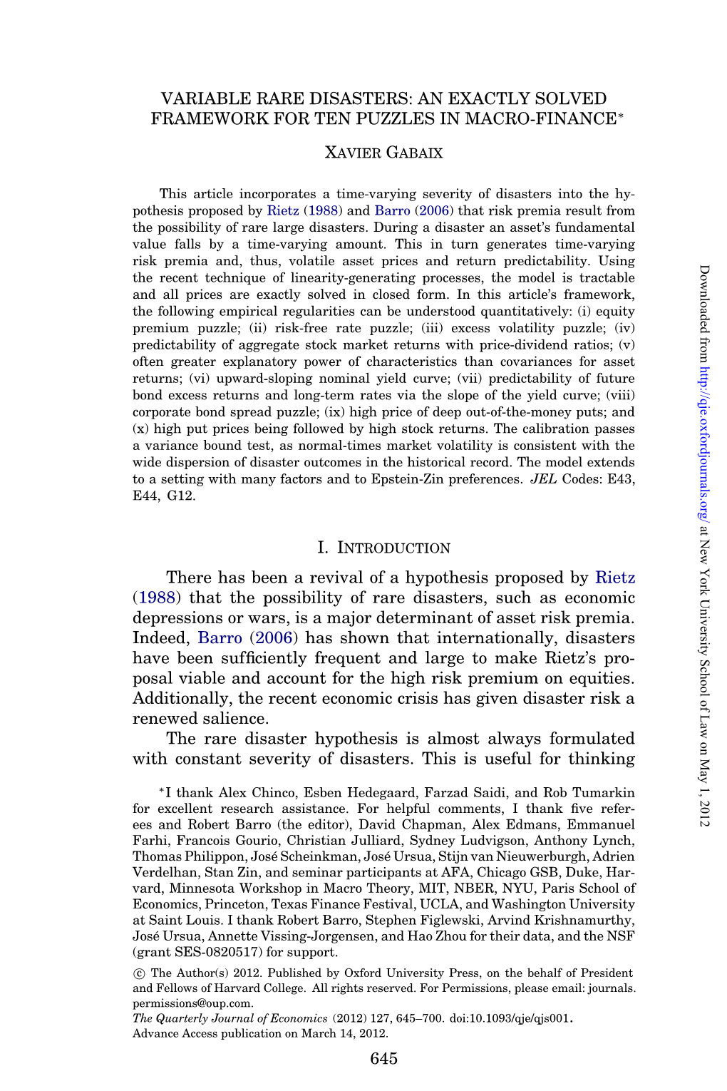 Variable Rare Disasters: an Exactly Solved Framework for Ten Puzzles in Macro-Finance∗