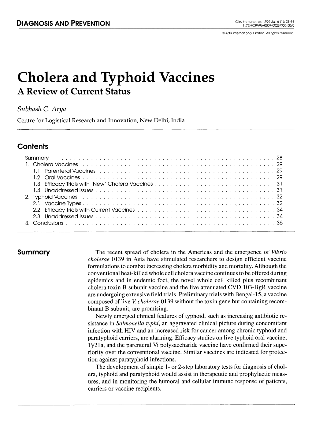 Cholera and Typhoid Vaccines a Review of Current Status