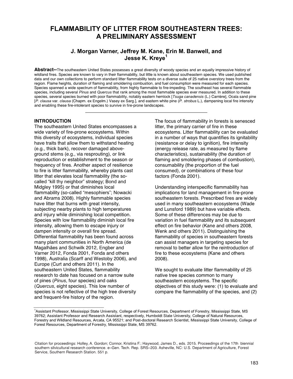 Flammability of Litter from Southeastern Trees: a Preliminary Assessment