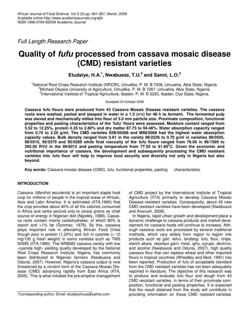 Quality of Fufu Processed from Cassava Mosaic Disease (CMD) Resistant Varieties