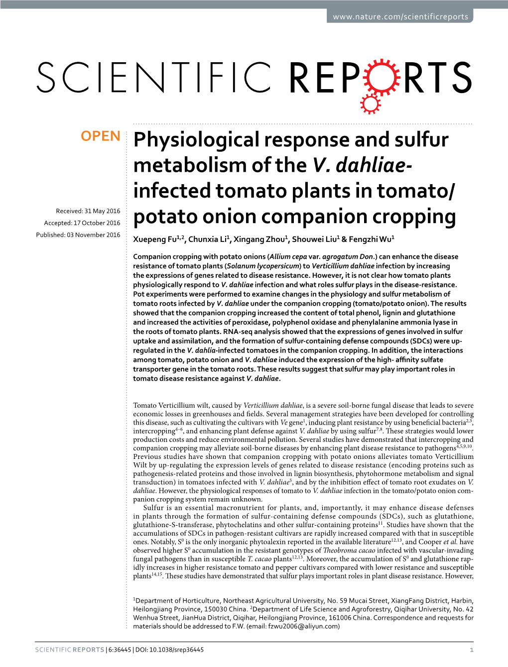 Physiological Response and Sulfur Metabolism of the V. Dahliae