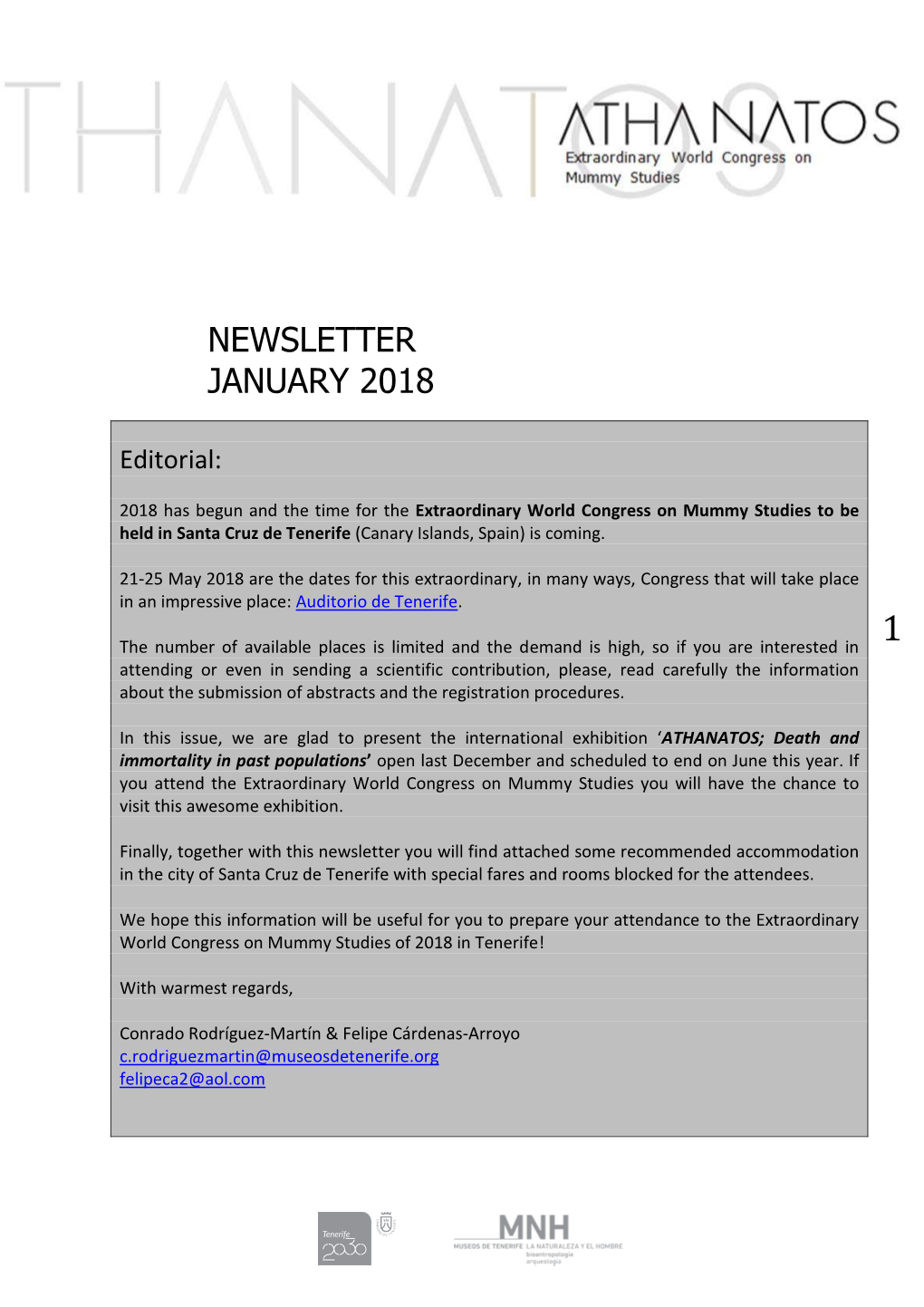 Newsletter Athanatos Congress. January 2018