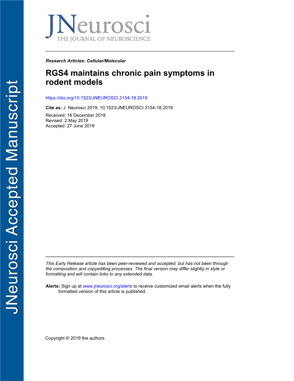 RGS4 Maintains Chronic Pain Symptoms in Rodent Models