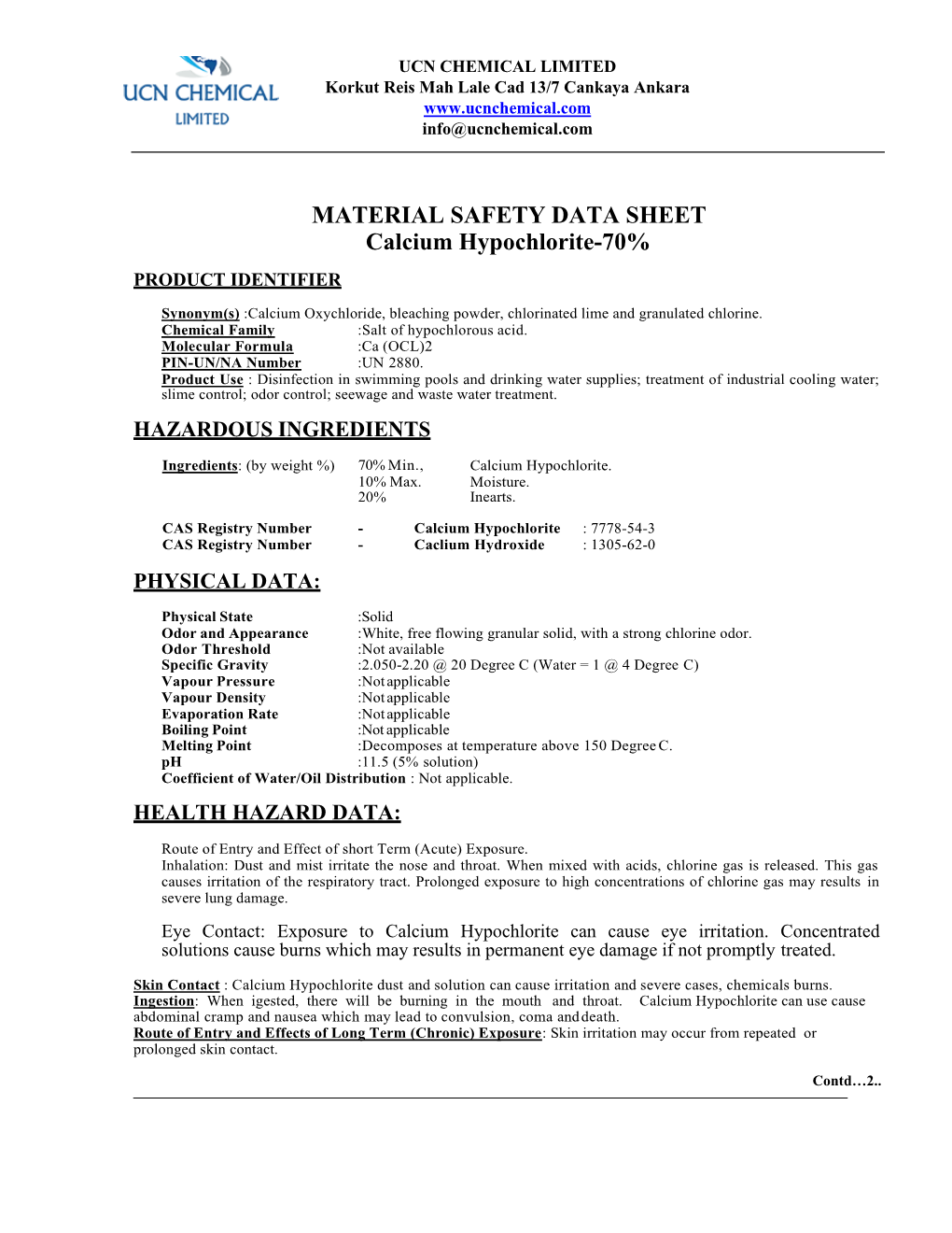 MATERIAL SAFETY DATA SHEET Calcium Hypochlorite-70% PRODUCT IDENTIFIER