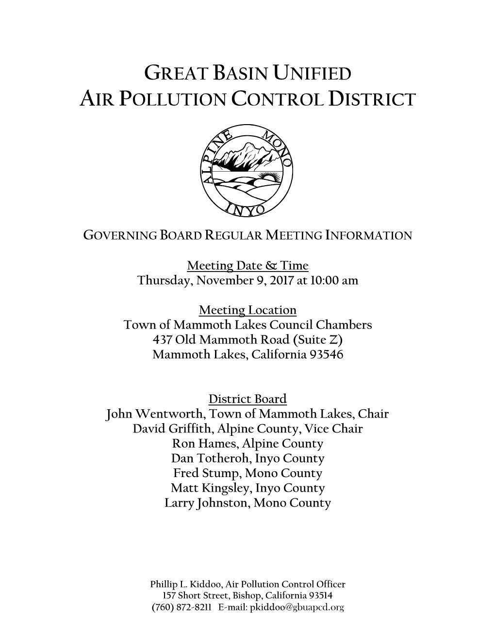 BOARD PACKET ~ Page 1 of 72 GREAT BASIN UNIFIED AIR POLLUTION CONTROL DISTRICT