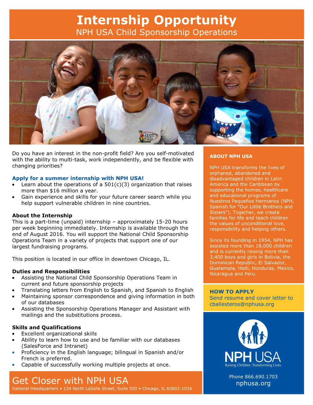 Internship Opportunity NPH USA Child Sponsorship Operations