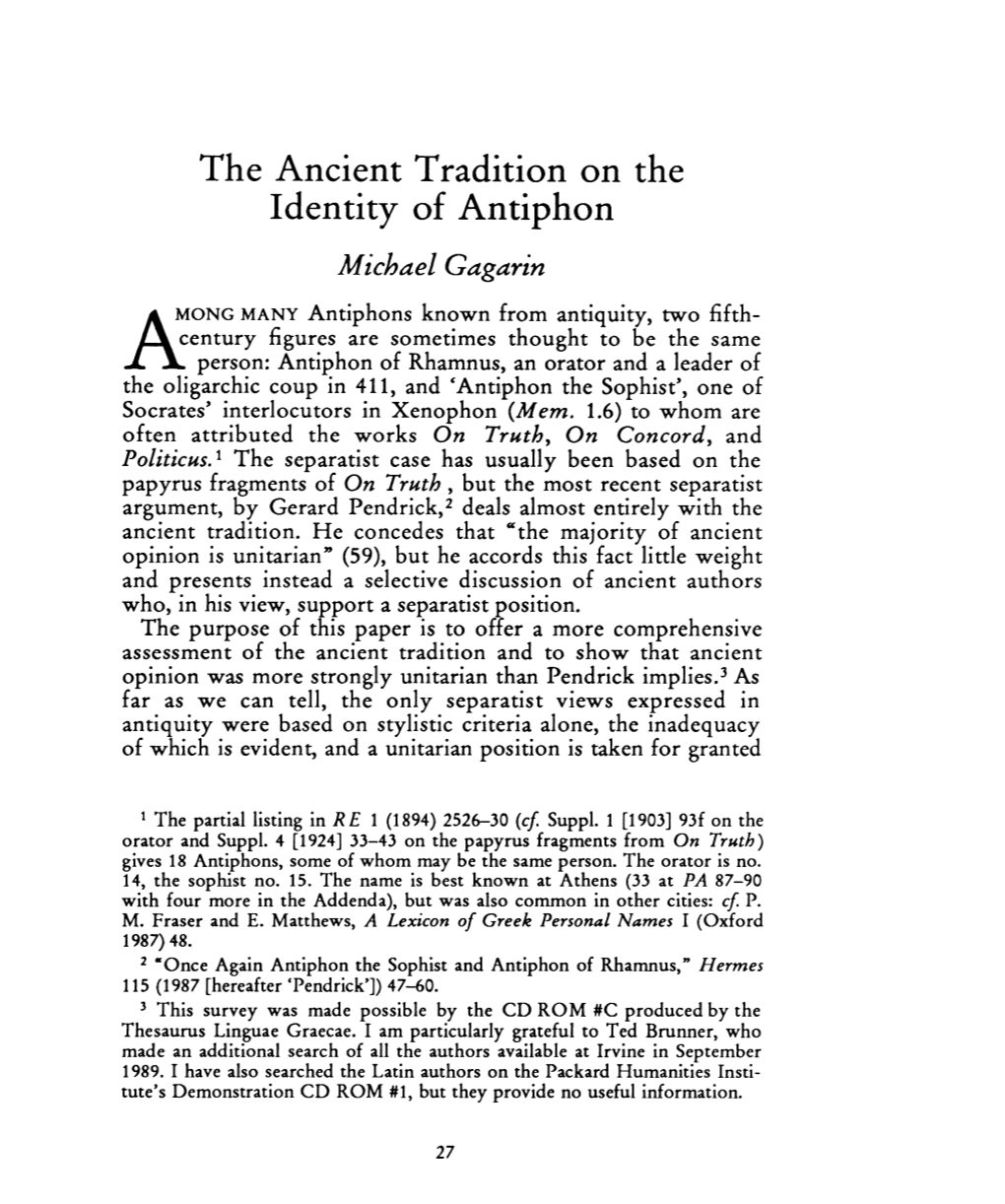 The Ancient Tradition on the Identity of Antiphon , Greek, Roman and Byzantine Studies, 31:1 (1990:Spring) P.27