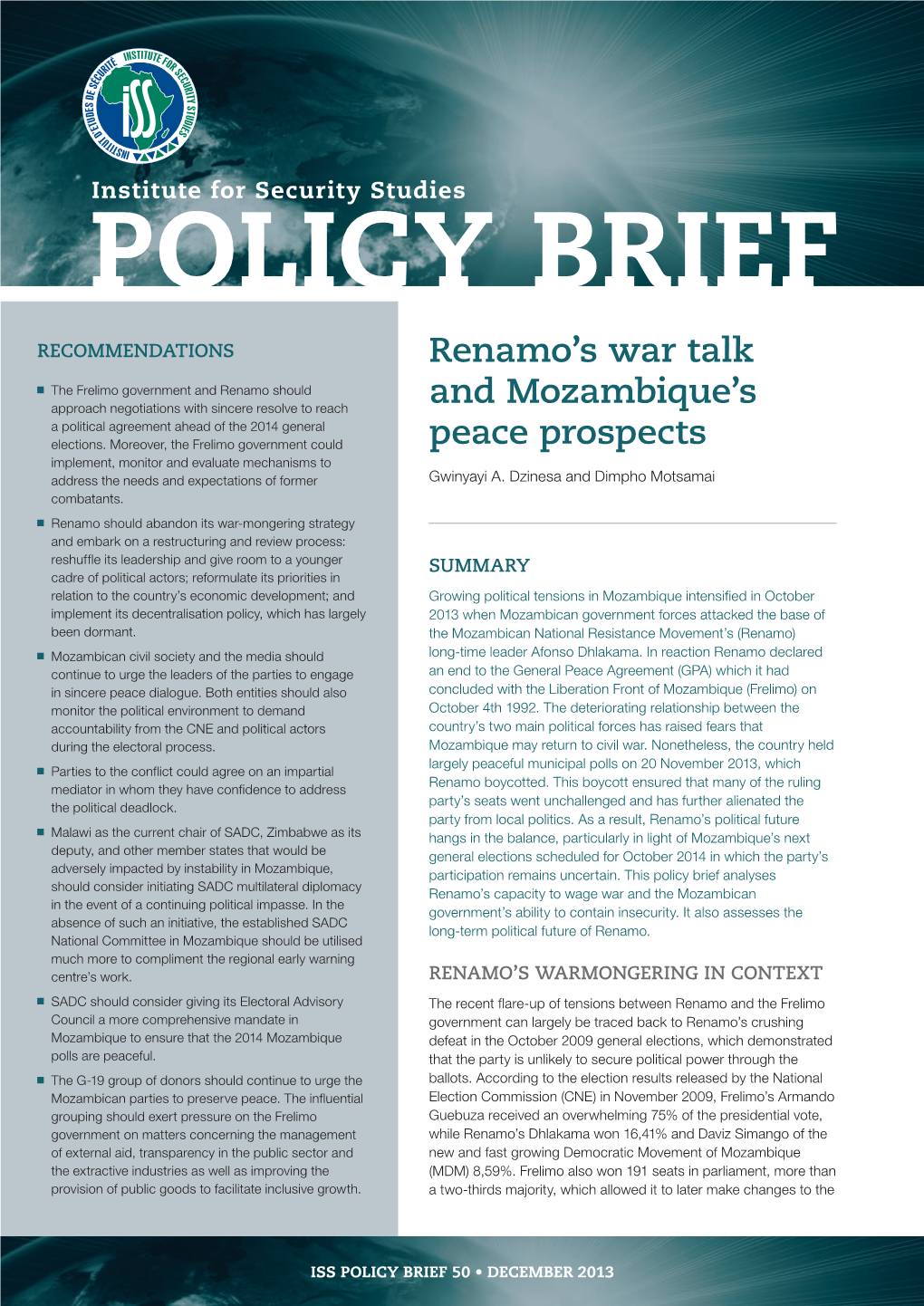 Renamo's War Talk and Mozambique's Peace Prospects