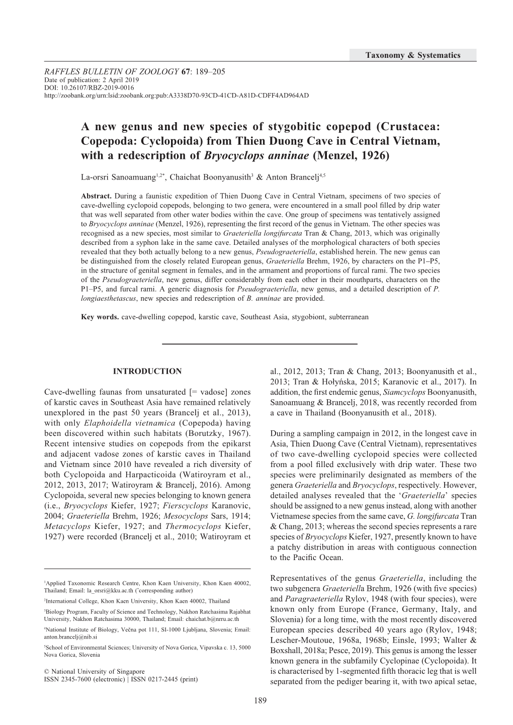 Crustacea: Copepoda: Cyclopoida) from Thien Duong Cave in Central Vietnam, with a Redescription of Bryocyclops Anninae (Menzel, 1926)