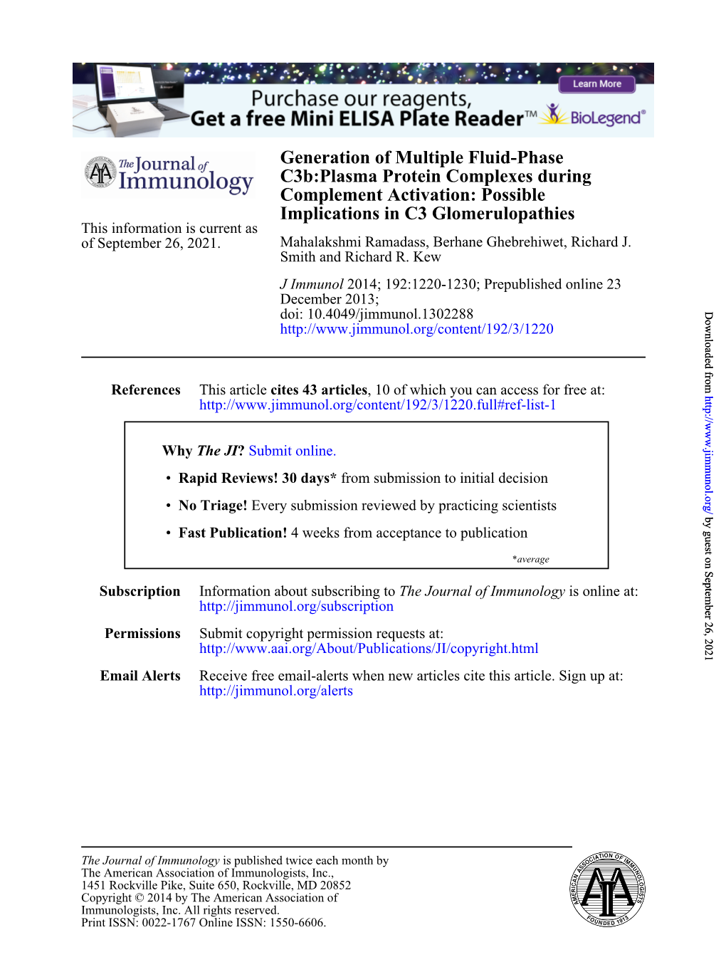 Implications in C3 Glomerulopathies This Information Is Current As of September 26, 2021