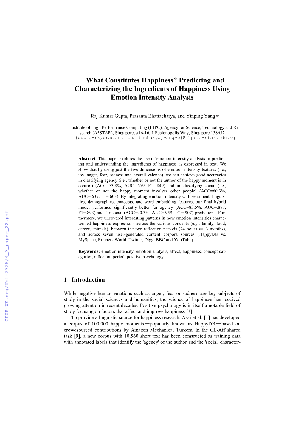 What Constitutes Happiness? Predicting and Characterizing the Ingredients of Happiness Using Emotion Intensity Analysis