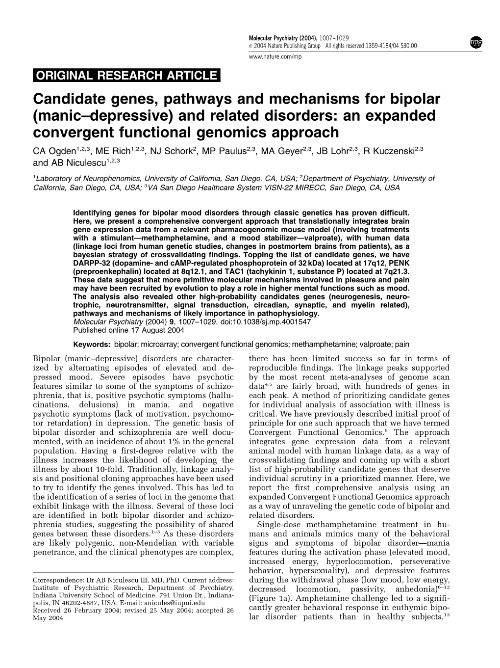 Candidate Genes, Pathways and Mechanisms for Bipolar (Manic–Depressive) and Related Disorders: an Expanded Convergent Function